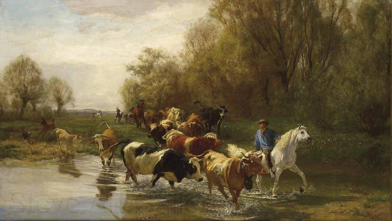 Rudolf Koller Kuhe mit Reiter am Wasser beim Zurichhorn France oil painting art